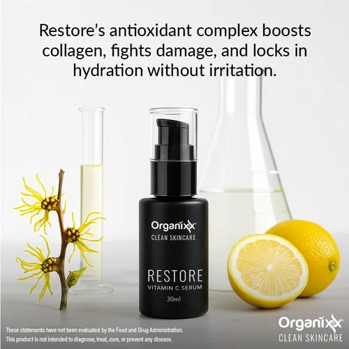 Vista 6 de Organixx Restore Vitamin C, suero facial diario con ácido hialurónico, vitamina E orgánica, hamamelis, glicerina y aloe vera, fórmula iluminadora