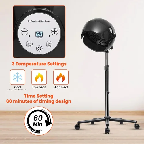 Vista 3 de Secador de pelo con capucha, secador de pelo de pie, secadora profesional con capucha sobre ruedas con pantalla digital, controles táctiles y 3