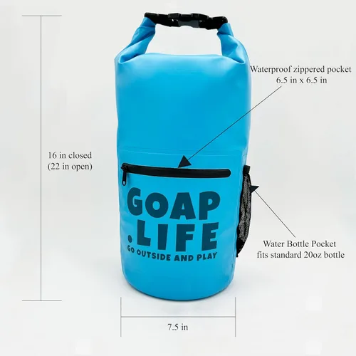 Vista 8 de GOAP Bolsa seca impermeable 10L playa, pesca, camping, senderismo, rolltop, correa cruzada, bolsillo para botella de agua, bolsillo con cremallera
