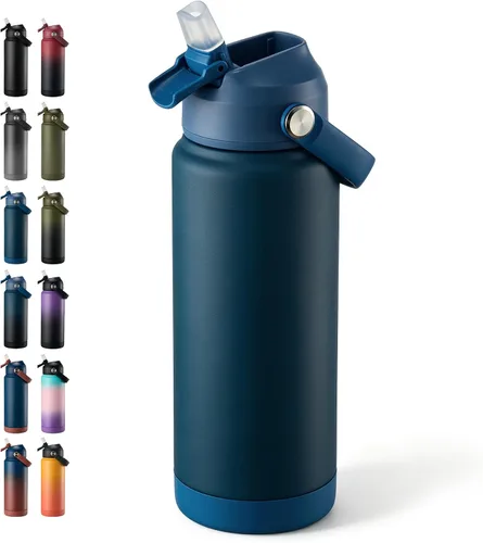 Vista 62 de Fijinhom Botella de agua aislada de 18 onzas con 2 tapas, botellas de agua de acero inoxidable, aspiradora de doble pared, mango portátil y parte