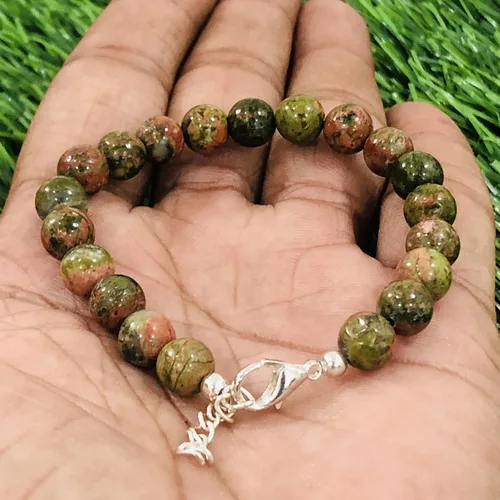 Vista 5 de Pulsera ajustable de cadena de plata con cuentas redondas de jaspe unakita natural AAA de 0.315 in de 7.5 a 8.5 pulgadas, pulsera con dijes, pulsera