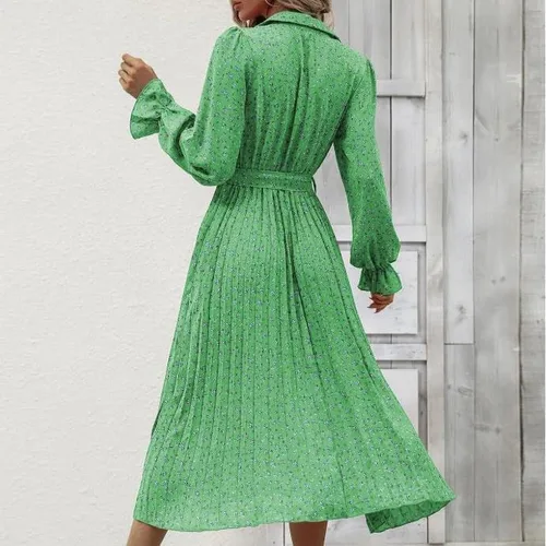 Vista 7 de Vestido floral midi de otoño de manga larga suave con lazo en la cintura, lindo vestido casual con solapa camisa plisada vestido 2023 vestidos
