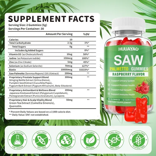 Vista 2 de Gomitas de palma enana americana Saw Palmetto Suplemento con aceite de semilla de calabaza, biotina, suplementos de salud para la próstata