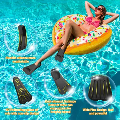 Vista 4 de Aletas de natación, aletas de entrenamiento de natación Happyouth, aletas cortas de silicona con bolsa de malla para natación de vueltas, niños