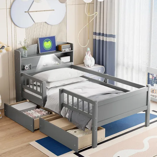 Vista 3 de Twin Size Bed Frame with Multi-Shelf Storage Headboard,USB Ports and LED Light,Space Saving Solid Wood Platform Bed with 2 Drawers and Full-Length