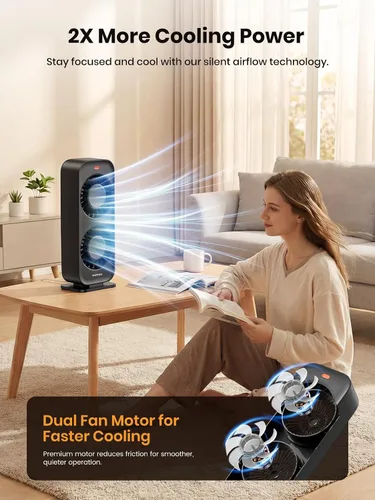 Vista 2 de Warmco Ventilador de torre de escritorio para dormitorio, ventilador de escritorio de alta velocidad de 19.7 ft/s de doble motor con 4 velocidades