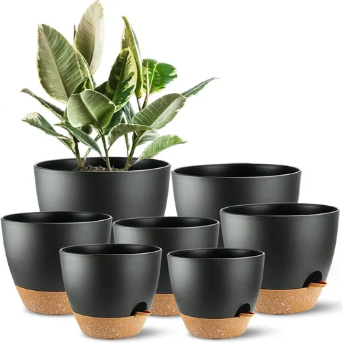 Vista 11 de Macetas de riego automático con orificio de drenaje, macetas para plantas de flores para interiores y exteriores, macetas de plástico negro