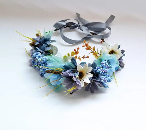 Vista 3 de Vivivalue - Guirnalda floral para el cabello, corona de flores, diadema con halo floral, diadema bohemia con cinta, fiesta de boda