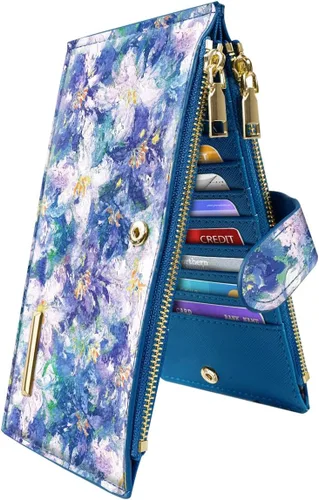 Vista 17 de Billetera de mujer con bloqueo RFID de gran capacidad, organizador multitarjetas, billetera plegable para mujer con bolsillo con cremallera