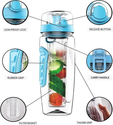 Vista 5 de Botella de agua con infusor de frutas de 32 onzas: Infusión de agua saborizada y té para hidratación, recipiente deportivo con batido de proteínas