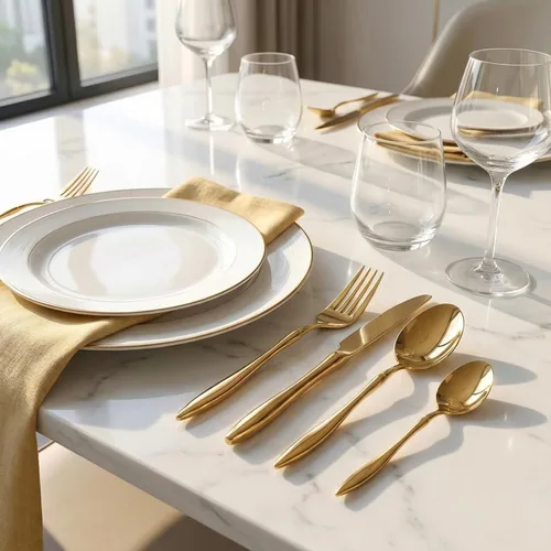 Vista 5 de Juego de cubiertos dorados de 16 piezas de acero inoxidable para 4, mango curvado único, elegante, ergonómico, cómodo, pulido de espejo, apto