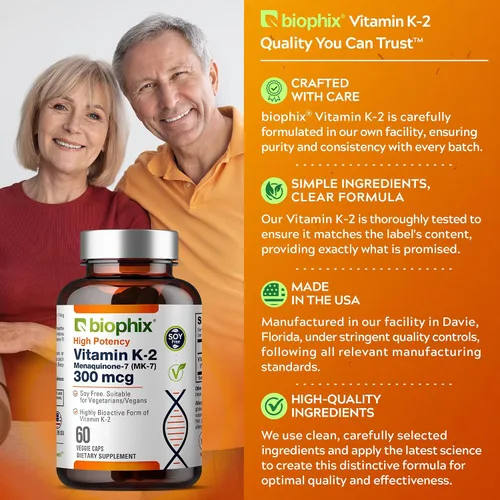 Vista 6 de biophix Vitamina K2 MK-7 300mcg, 60 cápsulas veganas - Suplemento de alta potencia para la fuerza ósea y la salud inmunológica