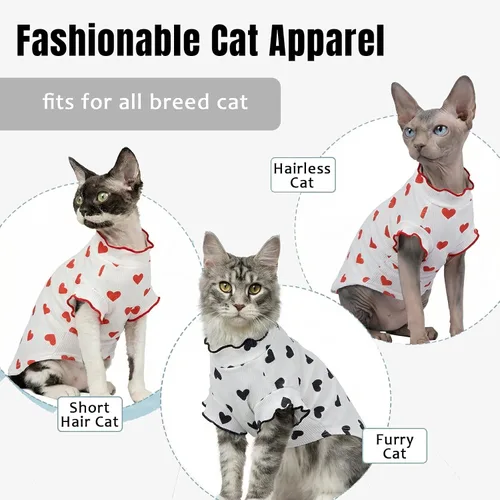 Vista 3 de DENTRUN Camisa suave de gato Sphynx, ropa transpirable con patrón de corazón para gatos