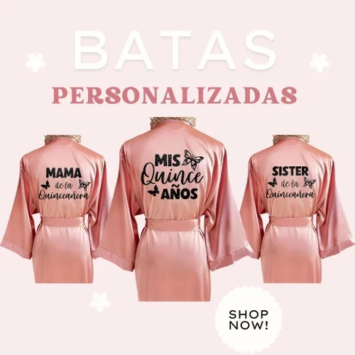 Vista 4 de Mis Quince Quinceañera - Bata de satén personalizada con nombre y fecha, diseño de purpurina con tiara, rosa, mariposa o símbolo de corona, bonita