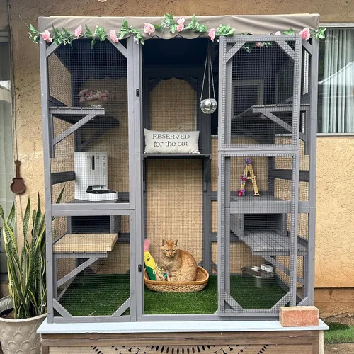 Vista 10 de Aivituvin Casa de gato al aire libre Katio Kitty Recinto con puerta de entrada súper grande, jaula de gato de madera para interiores