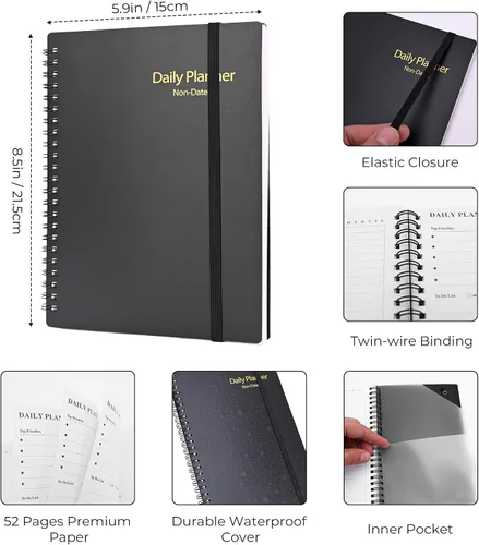 Vista 2 de Agenda diaria sin fecha, cuaderno A5 con horarios por hora, organizador de gestión del tiempo en espiral para hombres y mujeres, 8.3 x 5.6 pulgadas
