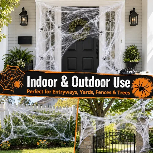 Vista 2 de MAQIHAN Telarañas de 1200 pies cuadrados para decoración de Halloween, telarañas de Halloween con 40 arañas falsas, telarañas súper elásticas