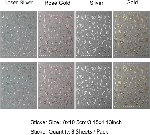 Vista 2 de 8 hojas de calcomanías para uñas de sol, luna, estrella para mujer, calcomanías láser 3D, oro rosa, plata, calcomanías para suministros de uñas