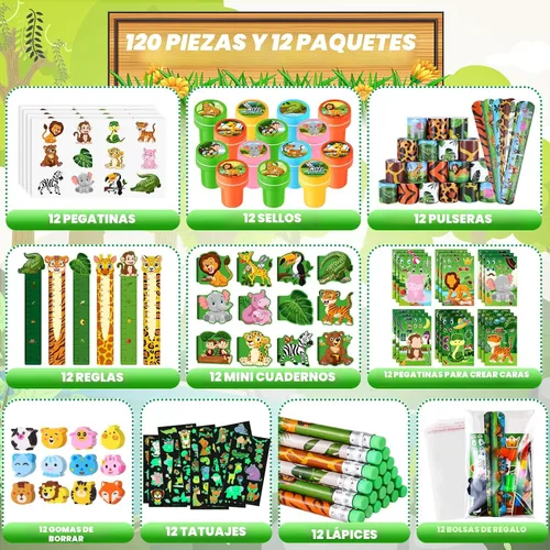 Vista 2 de BenLouis 120Pcs Recuerdos de fiesta de Safari en la jungla, sellos de estampado de animales del zoológico, pulseras de bofetada, juego de papelería