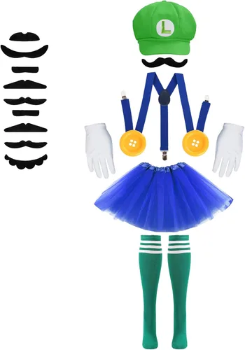 Vista 5 de Vegove Super Bros Mary & Luigi Tutu & Hat Costumes for Girls, Kids Funny Halloween Cosplay Outfits Accessories