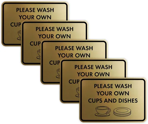 Vista 28 de Letrero clásico enmarcado con texto en inglés «Please Wash Your Own Cups and Dishes» (negro)