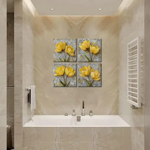 Vista 46 de Wall HDQ Arte de pared de flores para baño, dormitorio, sala de estar, decoración de pared azul y naranja, pintura floral, lienzo impreso, imagen