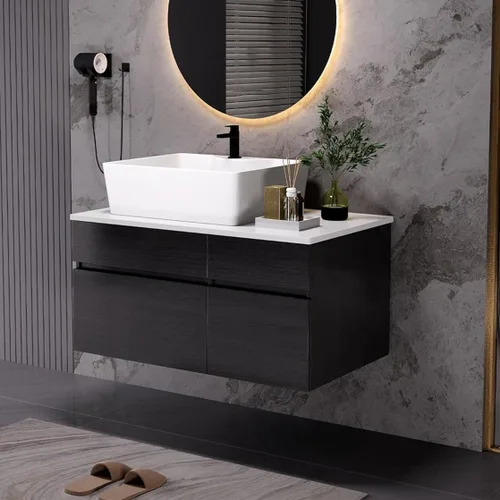 Vista 8 de SSLine Juego de tocador de baño montado en la pared con lavabo moderno de 30 pulgadas con lavabo superior y estante de almacenamiento, armario
