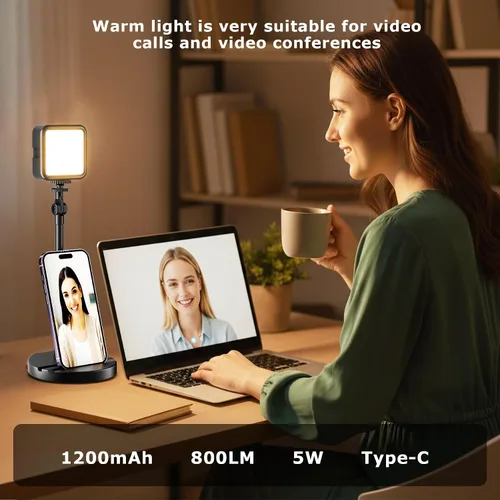 Vista 2 de Paquete de 2 luces LED portátiles recargables de video, kit de iluminación para fotografía con soporte y soporte para teléfono, luz de cámara