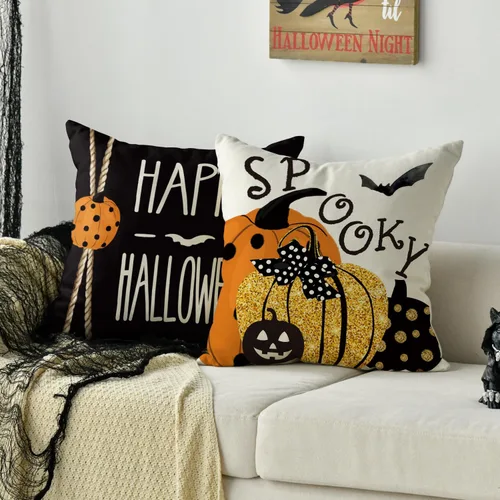 Vista 5 de AVOIN colorlife Happy Halloween Boo - Juego de 4 fundas de almohada con diseño de gato negro, 18 x 18 pulgadas, diseño de murciélago de calabaza