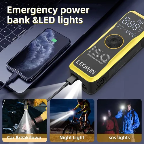 Vista 7 de Bomba de aire portátil para neumáticos con medidor digital de presión de neumáticos/luz LED, batería recargable integrada y adaptador de corriente