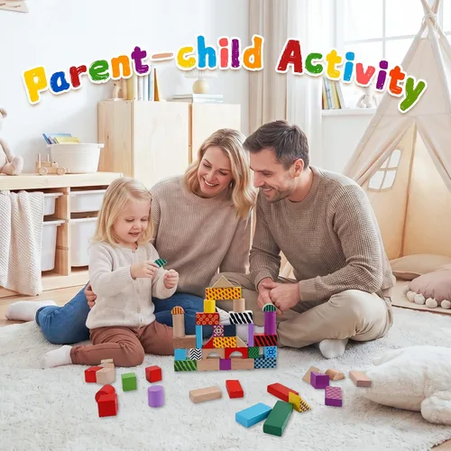 Vista 4 de Offelec Juego de 50 bloques de construcción de madera con cubo de almacenamiento, bloques apilables Montessori y juguetes de clasificación de formas