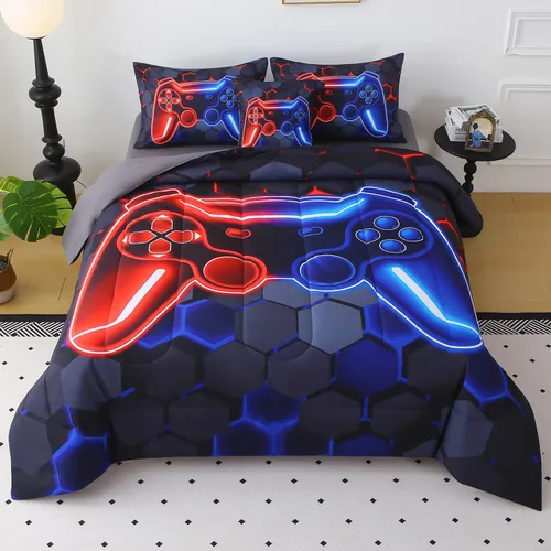 Vista 20 de JQinHome - Juego de edredón Gamer individual para niños y niñas, juego de cama en una bolsa de 6 piezas con diseño de videojuego 3D - Juego de ropa