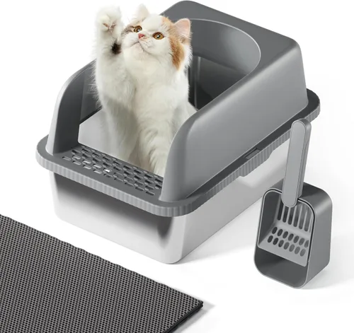 Vista 13 de Caja de arena para gatos de acero inoxidable con tapa, 20 pulgadas de largo x 14.2 pulgadas de ancho x 11.8 pulgadas de alto, caja de arena grande