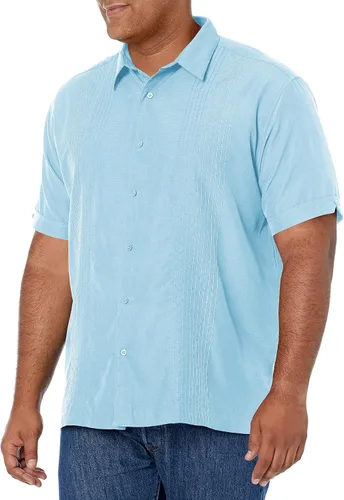 Vista 10 de Cubavera Camisa de manga corta con botones para hombre, diseño a rayas, cuello de punto, suave al tacto Negro