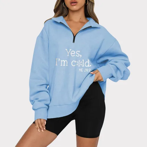 Vista 2 de Sudadera de gran tamaño para mujer suéter de manga larga liso con cierre de un cuarto de cremallera para adolescentes niñas Navidad otoño ropa Y2K