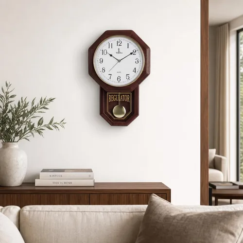 Vista 9 de Reloj de pared de péndulo, reloj regulador de madera real, silencioso Madera oscura