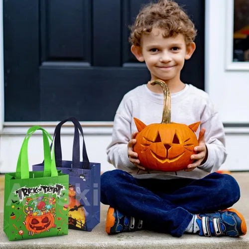 Vista 6 de Aviski 16 bolsas de Halloween para dulce o truco, pequeñas bolsas de regalo no tejidas con asas para envolver regalos, suministros de fiesta