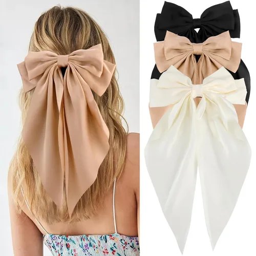 Vista 13 de Velscrun Lazos para el cabello para mujeres y niñas, 3 unidades, lazo blanco, lazo negro, azul marino, lazos grandes para el cabello con clip, lazos