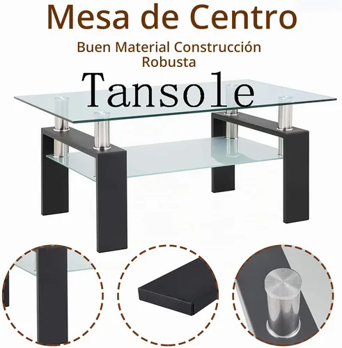 Vista 4 de Mesa de centro rectangular de vidrio de 39.4 pulgadas, mesa de centro negra con vidrio templado y patas de metal, mesa central moderna de 2 niveles