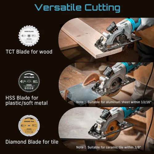 Vista 12 de SEESII Mini sierra circular, 4.8A 4000RPM con cable, compacta, sierra de 4-1/2 pulgadas con láser 3 Blade with Storage Bag for Wood, Metal, Tile