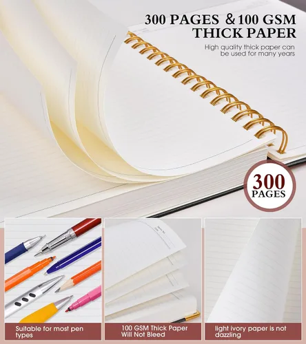 Vista 4 de Cuaderno Diario de Espiral 8.5" x 11", 300 Páginas de Tapa Dura con Forro de Cuero para Mujeres y Hombres, Cuadernos A4 Grandes con Rayas