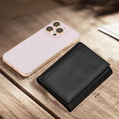 Vista 3 de Billetera de cuero para hombre, con bloqueo RFID, de piel auténtica, triple pliegue, Negro -, Cartera Rfid