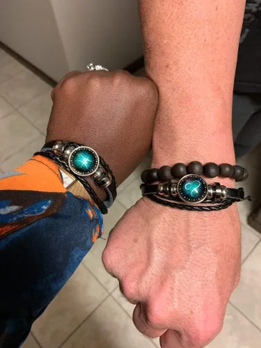 Vista 7 de Pulsera de cuero trenzado a mano con 12 cuentas de constelación para hombre, estilo retro, 2