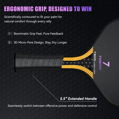 Vista 8 de YVmove USAPA Approved T800 Carbon Fiber Pickleball Paddle with 16mm Dynamic Core, Premium Pickle Ball Thermoformed Unibody, Elongated
