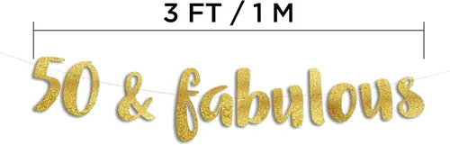 Vista 3 de Cartel de 50 y fabuloso con purpurina dorada preencordada, divertidas decoraciones de cumpleaños 50 y aniversario para hombres y mujeres, Dorado