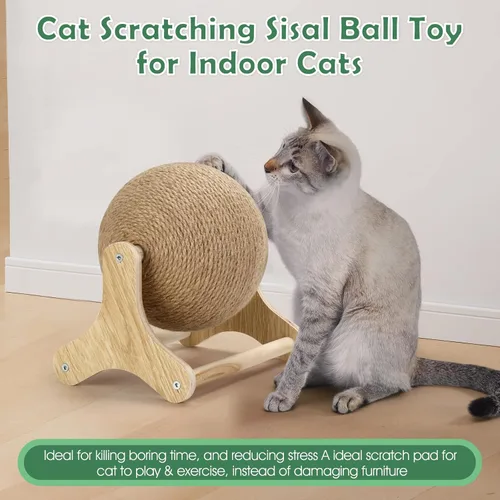 Vista 7 de Outamateur Sisal - Bola rascador para gatos con soporte estable, juguete interactivo para ejercicio, pelota rascador de sisal para mascotas