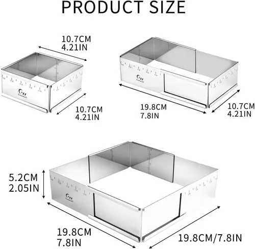 Vista 4 de Molde de anillo extensible de acero inoxidable para tartas con forma cuadrada desmontable, molde de mousse antiadherente para herramientas