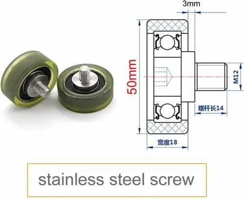Vista 2 de SSIMOO Diameter 50mm, M12 Screw,PU Polyurethane Bearing with Stainless Steel Screw Rod,Rubber Coated Soft Pulley/Roller,Guide Wheel Kindly