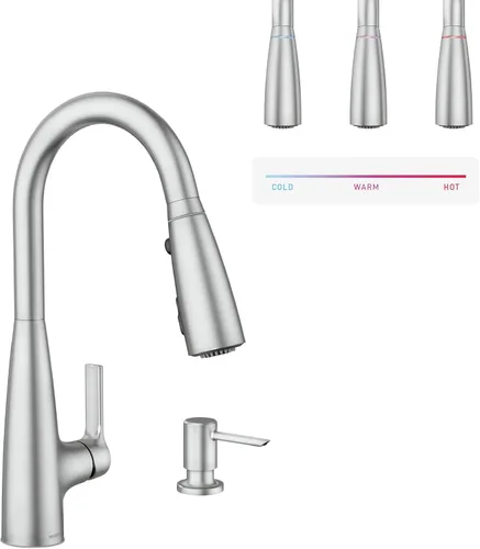 Vista 17 de Moen Haelyn - Grifo de cocina monocontrol con rociador extraíble cromado con potencia para una limpieza más rápida, dispensador de jabón incluido