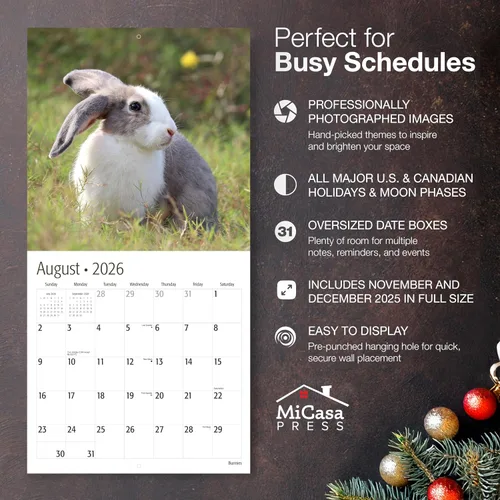 Vista 2 de MICASA PRESS Bunnies - Calendario de pared 2026 de 12 meses 12 x 24 pulgadas abierto Papel grueso y resistente Regalo Lindo conejo animal